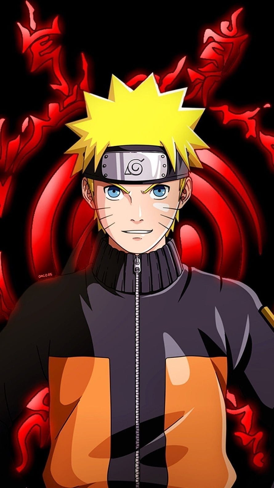 Naruto Uzumaki in Black and Orange Jacket with Red Chakra Aura Anime Wallpaper HD phone wallpaper