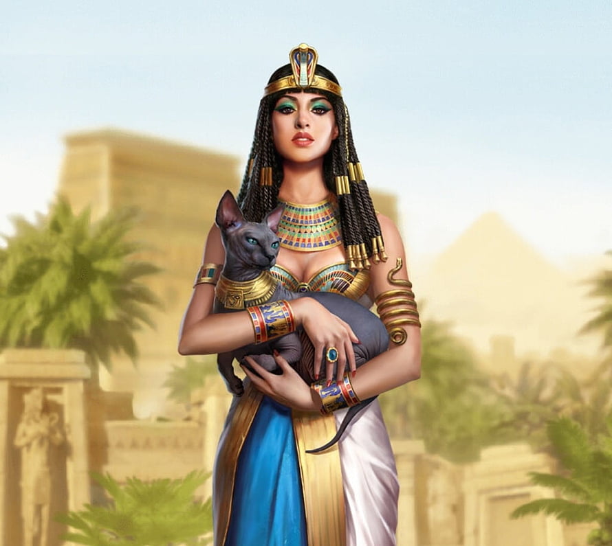 Cleopatra Fantasy Portrait Holding a Sphynx Cat with Egyptian Temples and Pyramids in Background HD wallpaper