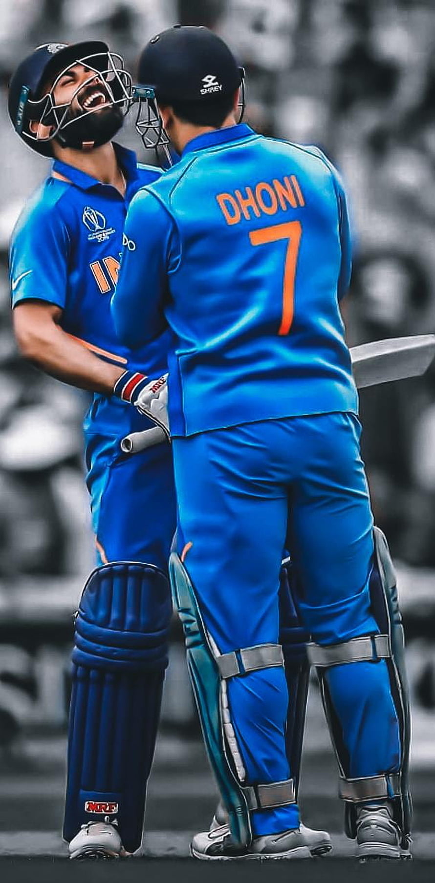MS Dhoni and Virat Kohli Celebrating in Blue Indian Cricket Team Uniforms HD phone wallpaper