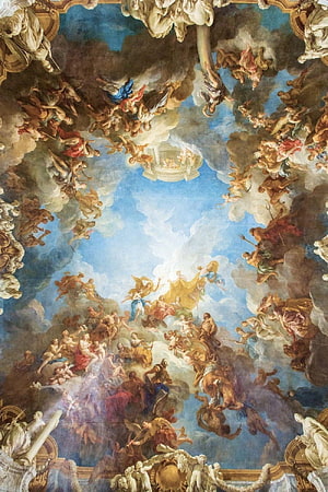 Baroque Ceiling Fresco with Angels and Clouds in Blue Sky HD phone wallpaper