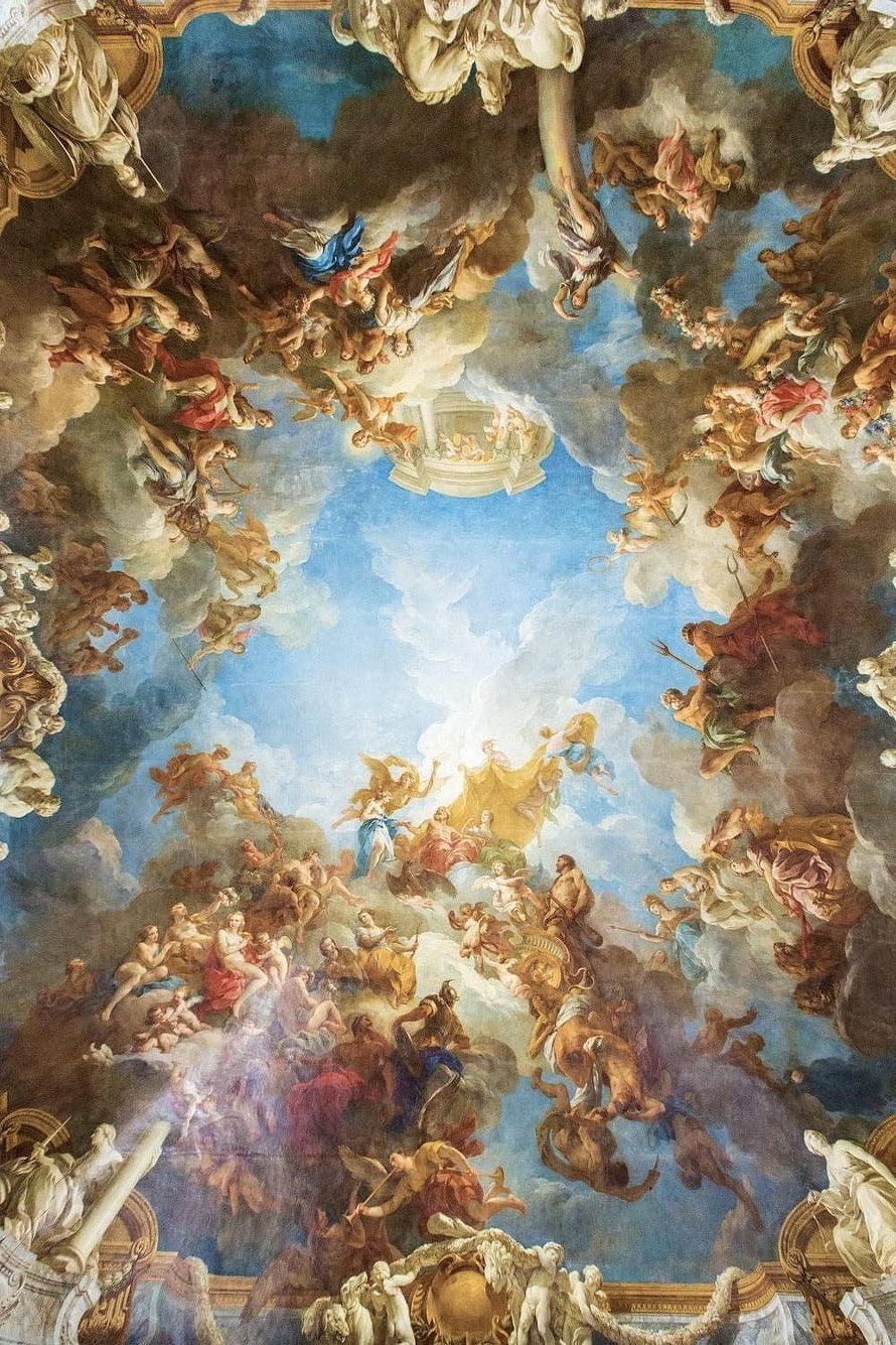 Baroque Ceiling Fresco with Angels and Clouds in Blue Sky HD phone wallpaper