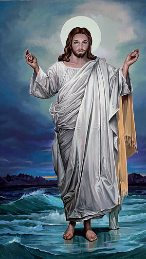 Jesus Christ Walking on Water with Halo and White Robes HD phone wallpaper