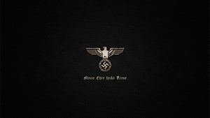 Black leather texture background with embossed golden eagle emblem and gothic text HD wallpaper