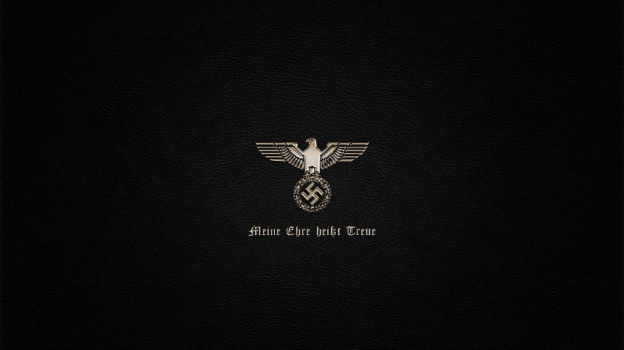 Black leather texture background with embossed golden eagle emblem and gothic text HD wallpaper