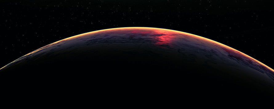 Dramatic Planet Horizon at Sunset with Glowing Atmosphere and Starry Space Background HD wallpaper