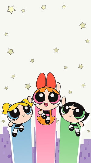 The Powerpuff Girls Flying Over City With Stars HD phone wallpaper