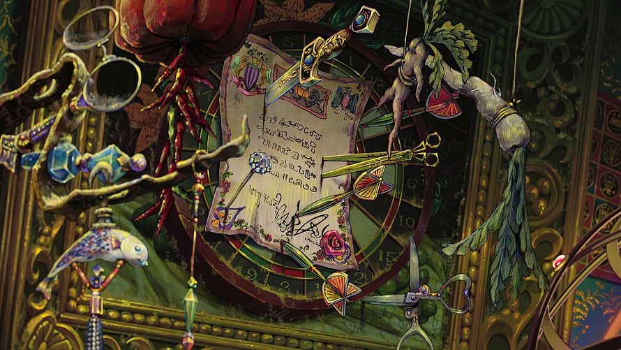 Howl's Moving Castle Interior Detail with Ornate Clock and Decorative Objects HD wallpaper