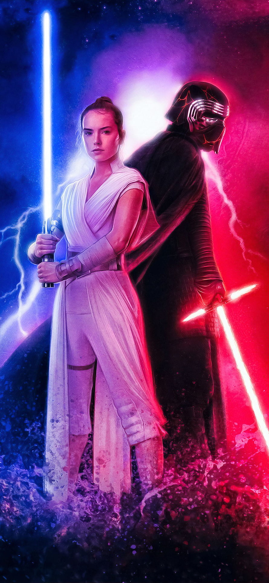 Rey and Kylo Ren Stand Back to Back with Lightsabers in Star Wars The Rise of Skywalker HD phone wallpaper