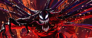 Venom Animated Symbiote Monster with Glowing Eyes and Red Background HD wallpaper