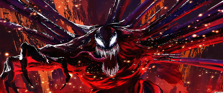 Venom Animated Symbiote Monster with Glowing Eyes and Red Background HD wallpaper