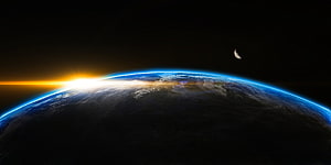 Earth Sunrise From Space With Crescent Moon And Starry Sky Background HD wallpaper