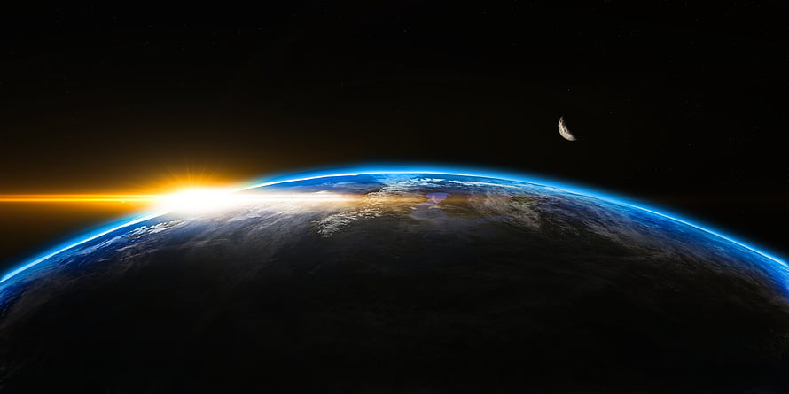 Earth Sunrise From Space With Crescent Moon And Starry Sky Background HD wallpaper