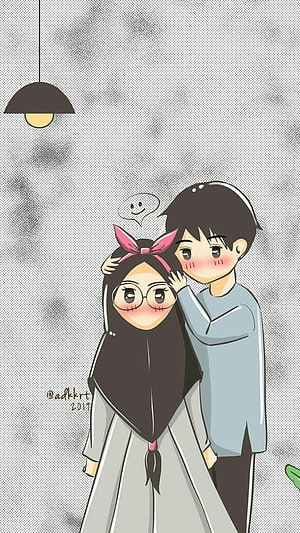 Cute cartoon couple illustration with boy hugging girl wearing hijab and glasses HD phone wallpaper