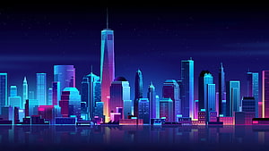 New York City Skyline at Night with Neon Glow and Water Reflection HD wallpaper