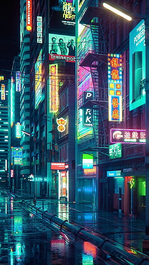 Neon-lit cyberpunk city street at night with rain reflections and glowing signs HD phone wallpaper