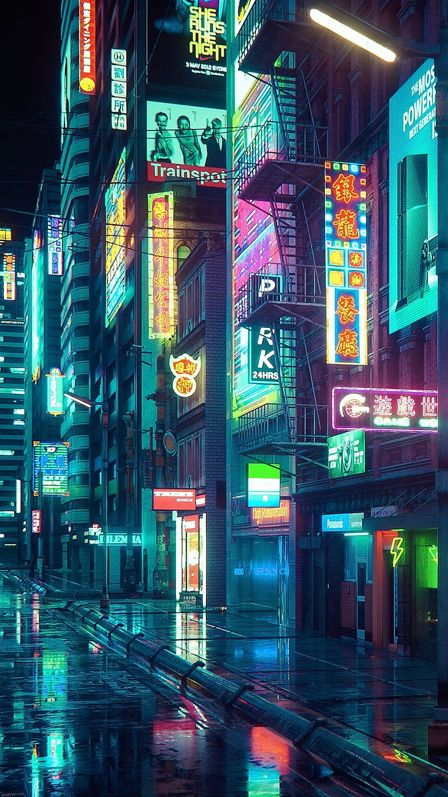 Neon-lit cyberpunk city street at night with rain reflections and glowing signs HD phone wallpaper