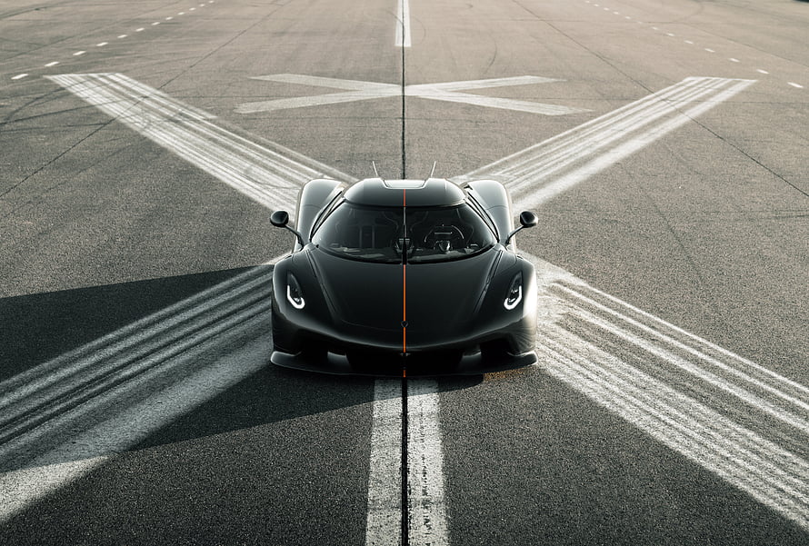 Koenigsegg Jesko Front View on Airport Runway with Dramatic Shadow Lines HD wallpaper