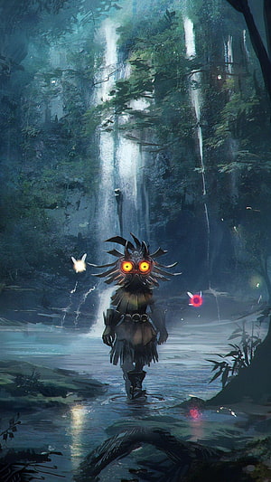 Hollow Knight character with glowing eyes walking through a mystical forest stream near waterfalls HD phone wallpaper