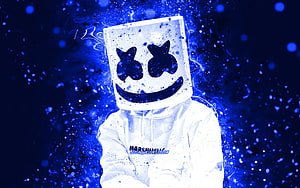 DJ Marshmello in white hoodie with glowing blue particle effects and neon abstract background HD wallpaper