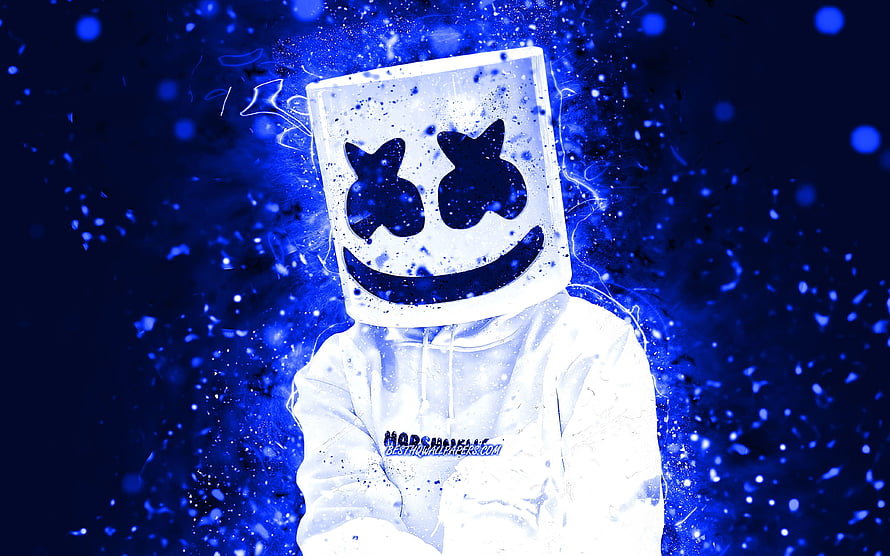 DJ Marshmello in white hoodie with glowing blue particle effects and neon abstract background HD wallpaper