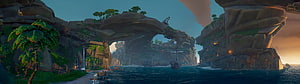 Sea of Thieves tropical island landscape with rocky arches, palm trees, and sailing ships at sunset HD wallpaper