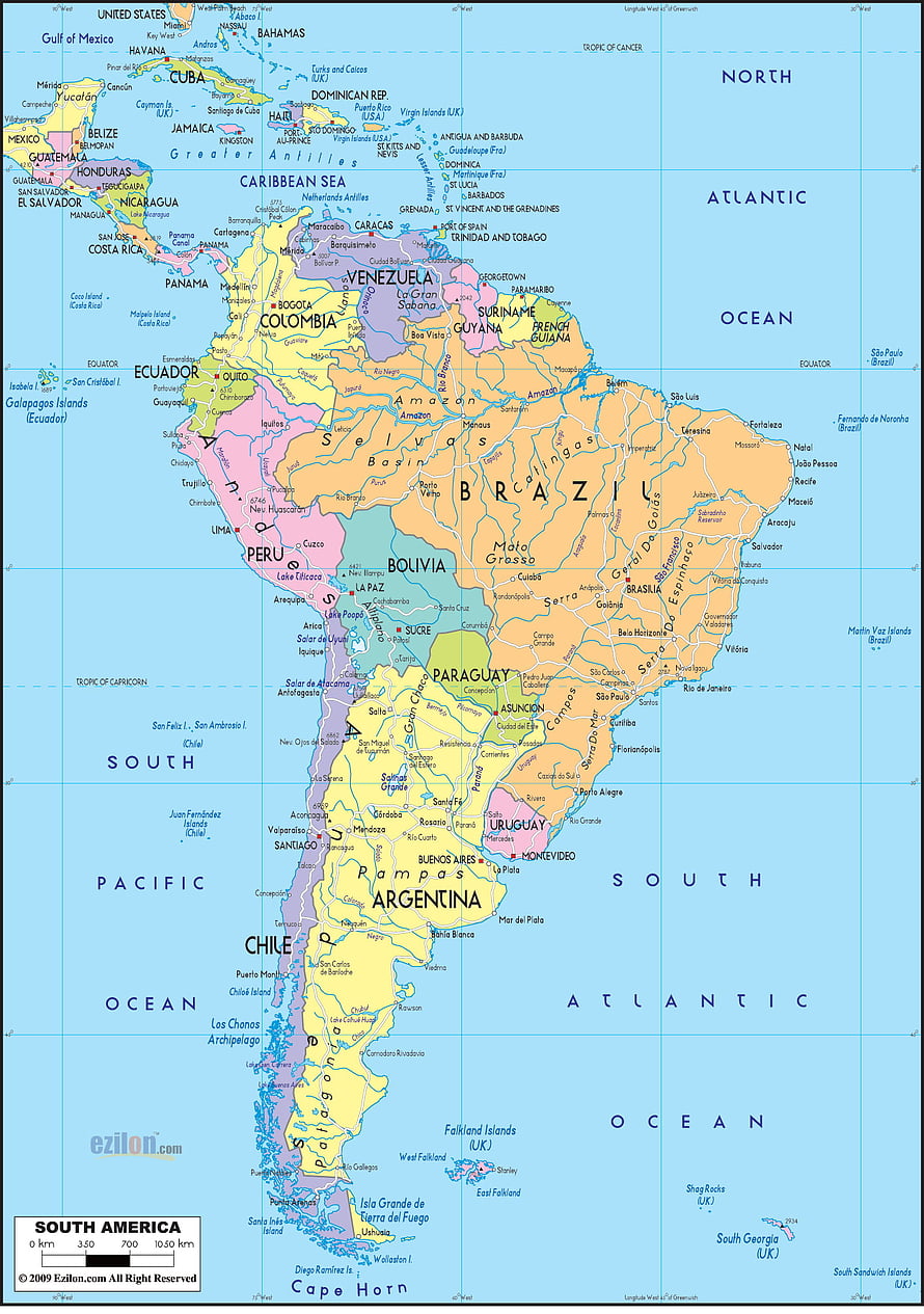 Detailed Political Map of South America with Country Borders and Major Cities HD phone wallpaper