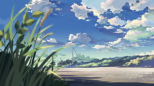Anime Style Summer Landscape With Tall Grass And Blue Sky HD wallpaper