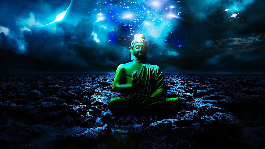Buddha Meditating Under a Starry Night Sky with Cosmic Nebula and Dark Rocky Terrain HD wallpaper