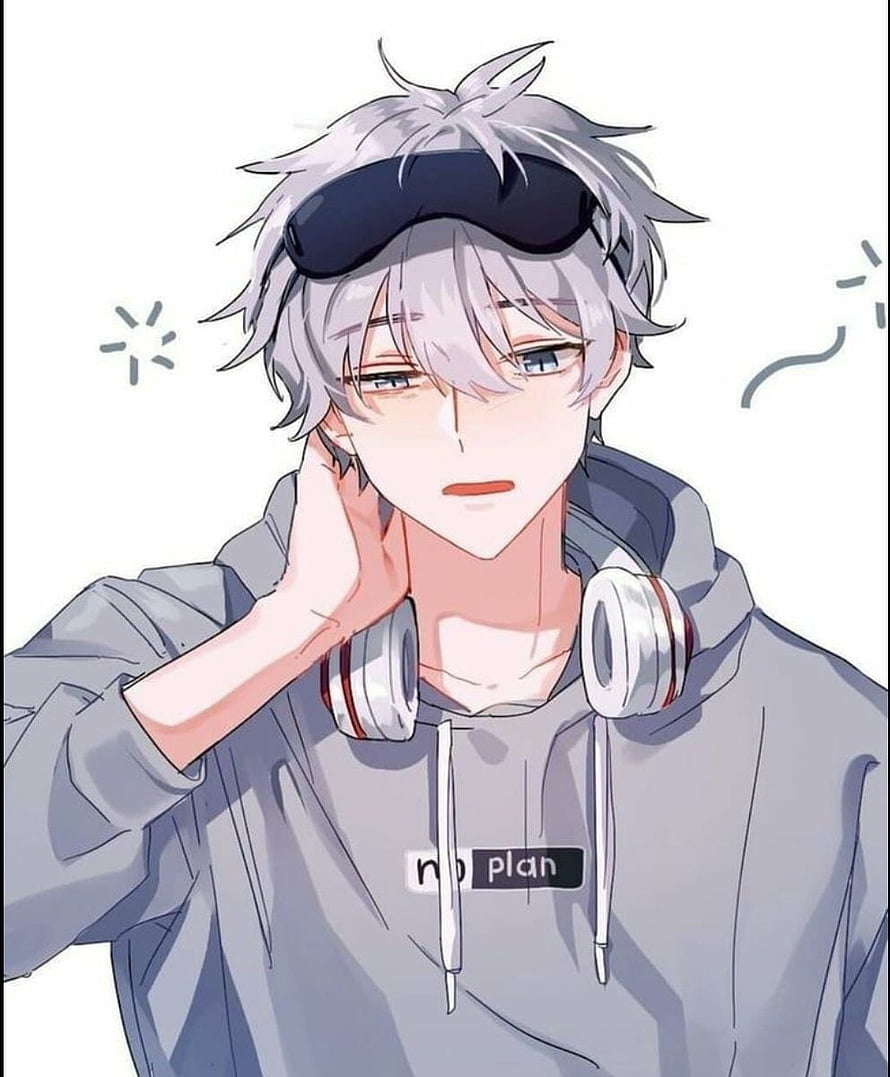 Silver-haired anime boy with headphones and sunglasses on forehead HD phone wallpaper