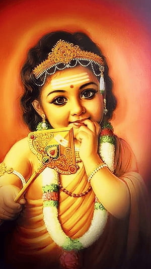 Baby Krishna Eating Sweet with Ornate Fan Digital Art Wallpaper HD phone wallpaper