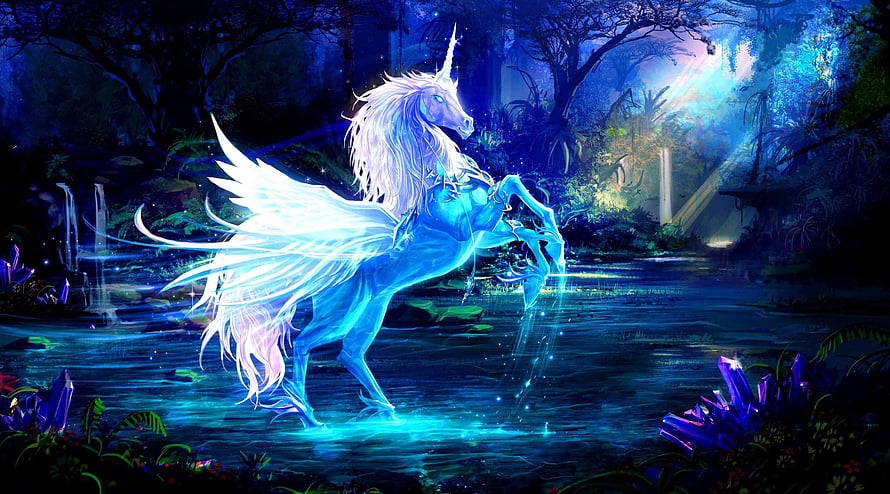Magical Glowing Alicorn Rearing in Enchanted Blue Forest Stream HD wallpaper