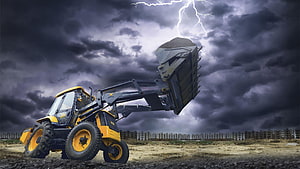 JCB Super Loader Front-End Loader Under Dramatic Stormy Sky with Lightning HD wallpaper