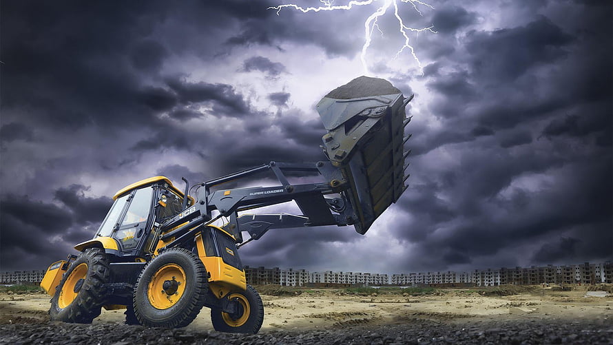 JCB Super Loader Front-End Loader Under Dramatic Stormy Sky with Lightning HD wallpaper
