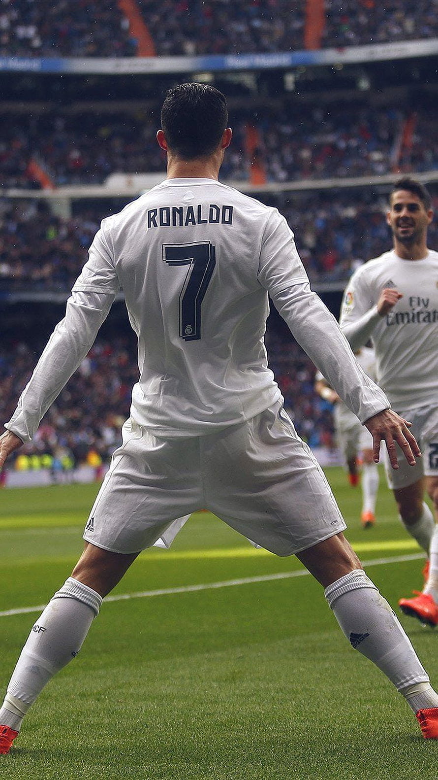 Cristiano Ronaldo Real Madrid Number 7 White Kit Celebration Soccer Player HD phone wallpaper