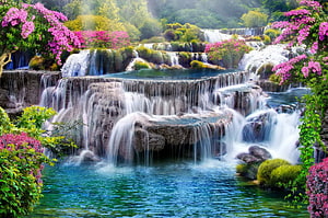 Serene Tiered Waterfall Cascading Through Lush Green Forest With Vibrant Pink Azalea Flowers HD wallpaper