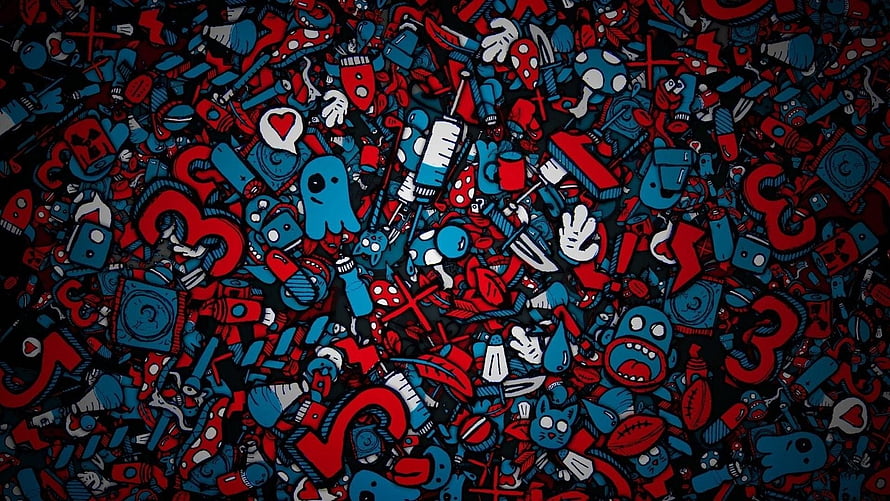 Undertale 3D Fan Art Wallpaper Featuring Sans, Papyrus, and Frisk in a Chaotic Red and Blue Pattern HD wallpaper