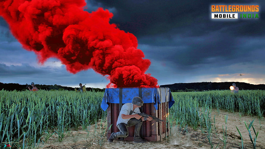 Battlegrounds Mobile India Player Taking Cover Behind Crate in Wheat Field with Red Smoke HD wallpaper