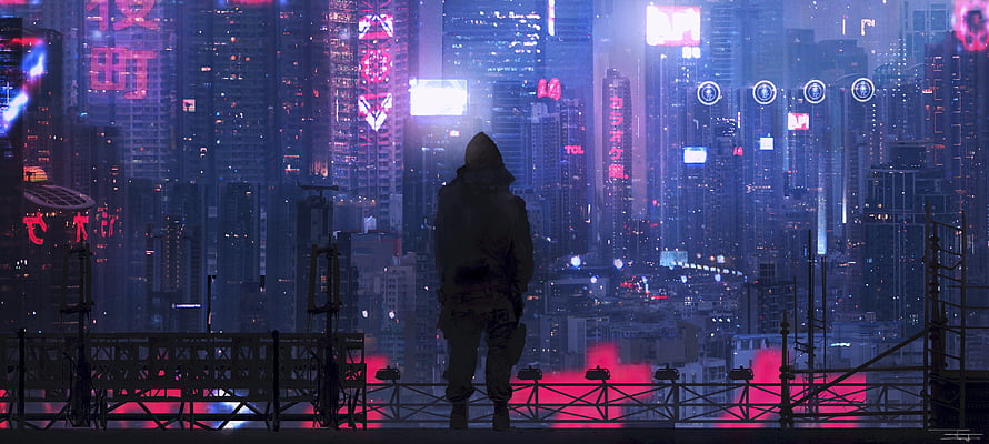 Lone Hooded Figure Overlooking Neon Cyberpunk Cityscape at Night HD wallpaper
