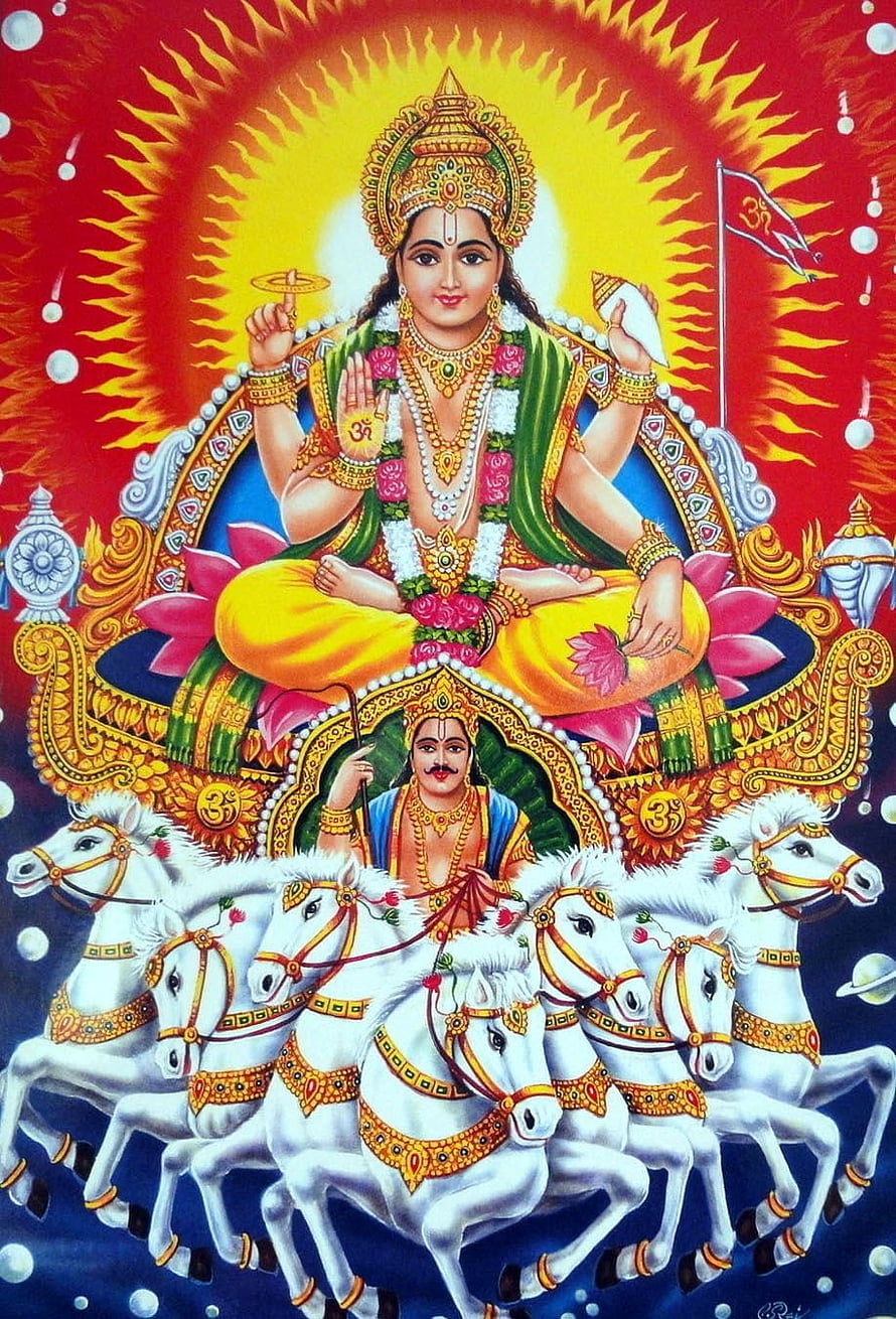 Sun God Surya Riding Seven-Horse Chariot Hindu Deity Wallpaper HD phone wallpaper