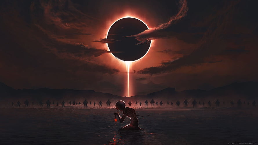 Berserk Concept Art: Griffith and the Behelit Under a Total Solar Eclipse HD wallpaper