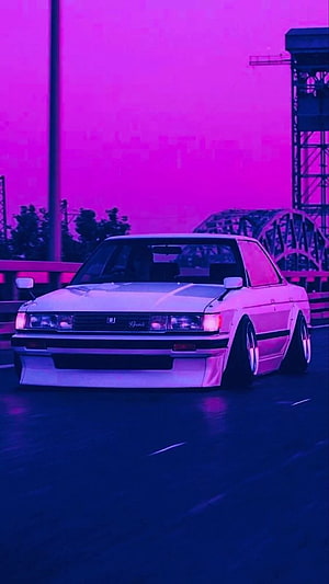 White JDM Coupe on Bridge Under Neon Purple Sky HD phone wallpaper