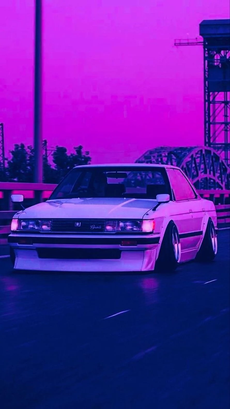 White JDM Coupe on Bridge Under Neon Purple Sky HD phone wallpaper