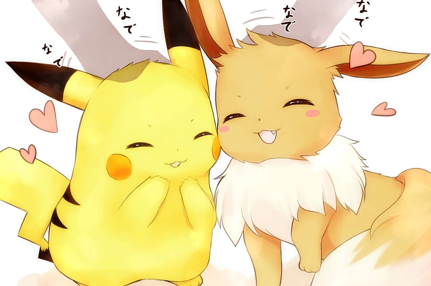 Pikachu and Eevee Cuddling Together in a Cute Anime Style Illustration HD wallpaper