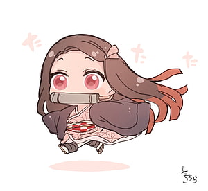 Chibi Nezuko Kamado Running with Bamboo Mouthpiece Anime Illustration HD wallpaper