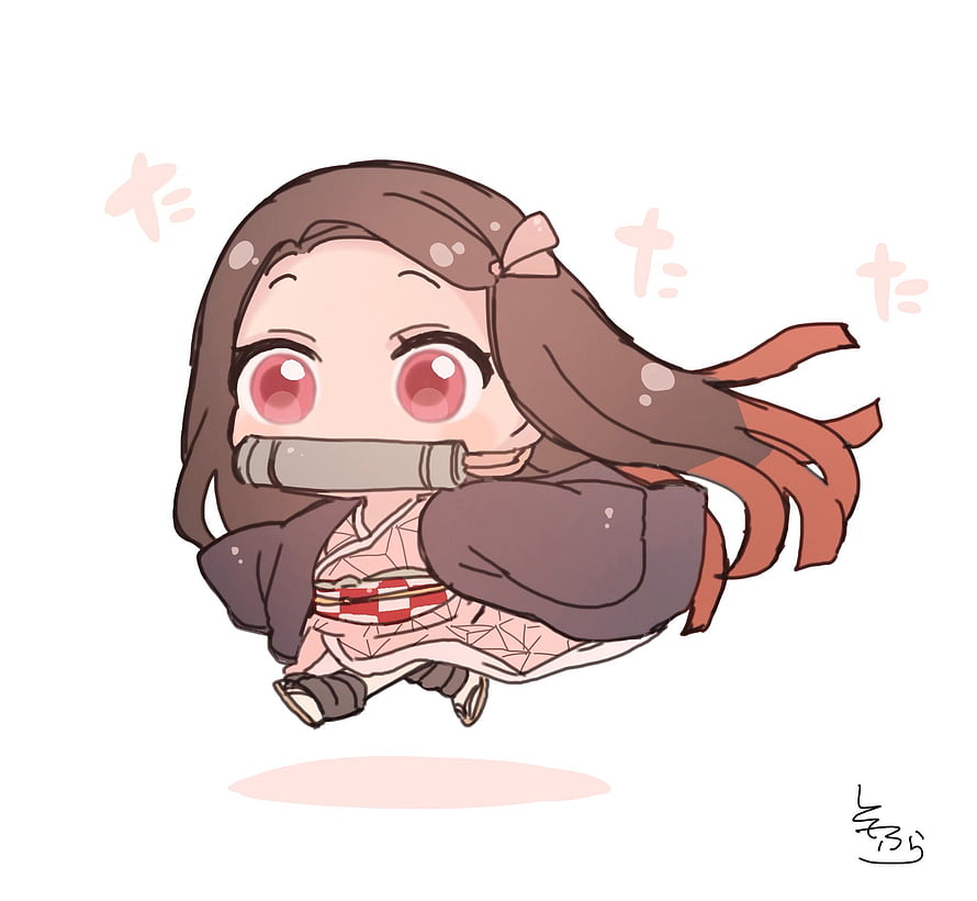 Chibi Nezuko Kamado Running with Bamboo Mouthpiece Anime Illustration HD wallpaper