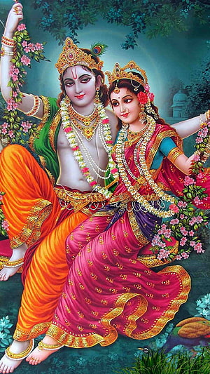 Radha Krishna Sitting Together in Lush Garden with Peacock and Flowers HD phone wallpaper