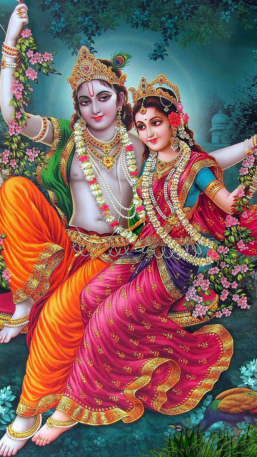 Radha Krishna Sitting Together in Lush Garden with Peacock and Flowers HD phone wallpaper