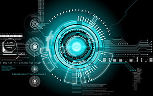 Futuristic Blue Digital Interface With Circular HUD Elements And Circuit Board Patterns HD wallpaper