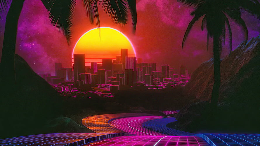 Neon Sunset Cityscape with Retro Grid Road and Palm Trees HD wallpaper