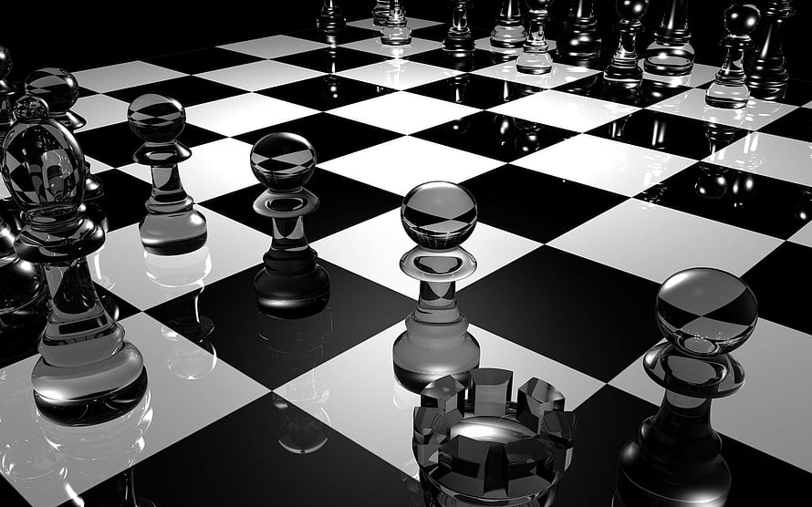 Glossy 3D Chess Pieces on a Reflective Black and White Board HD wallpaper